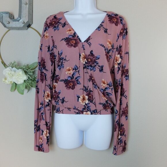 American Eagle Outfitters Mauve Floral Long Sleeves Cropped Top Size XS - Picture 1 of 9
